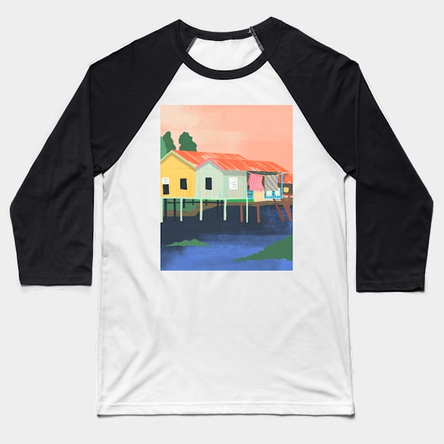 Colorful Stilt Houses Seaside Painting Baseball T-Shirt by haleyum